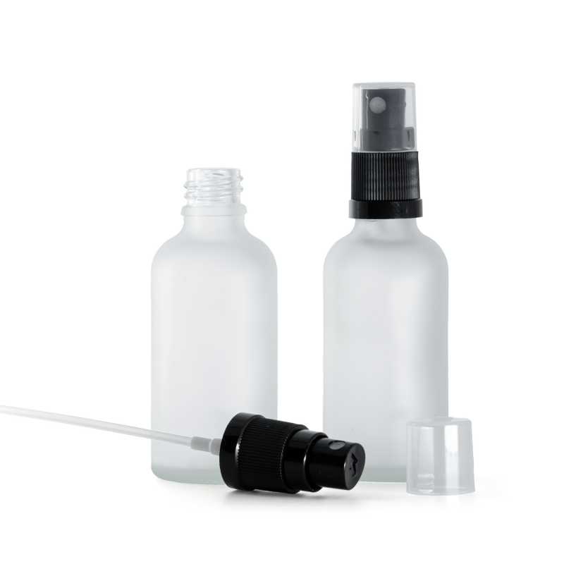 Botella de vidrio esmerilado transparente, pulverizador negro, 50 ml