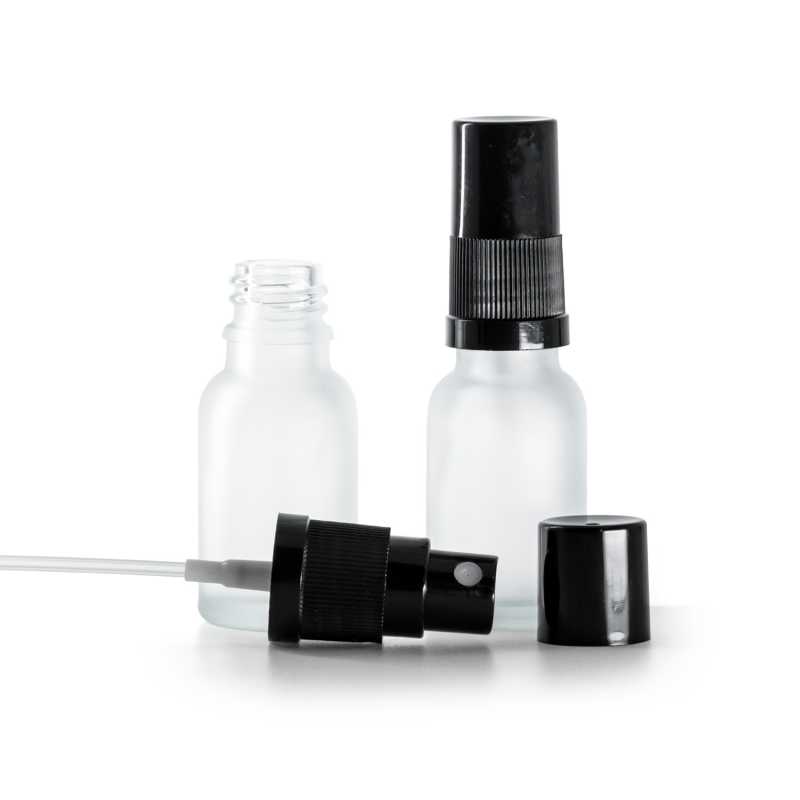 Botella de vidrio esmerilado transparente, pulverizador, negro, 15 ml