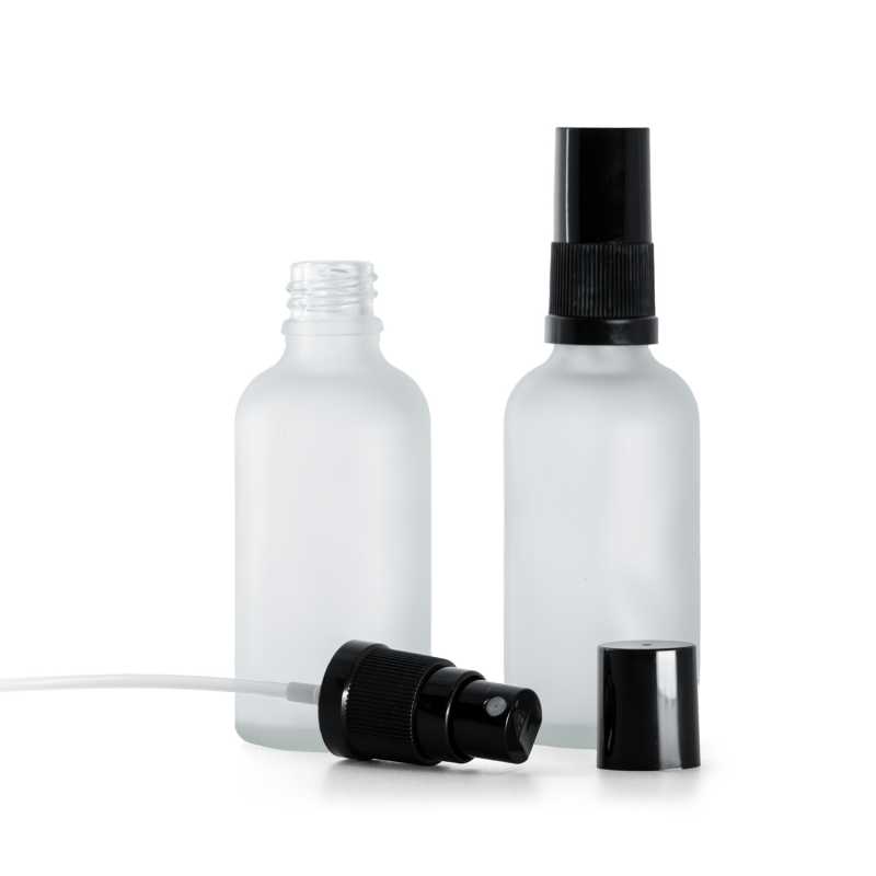 Botella de cristal esmerilado transparente, pulverizador de bruma fina negro, tapa negra, 50 ml