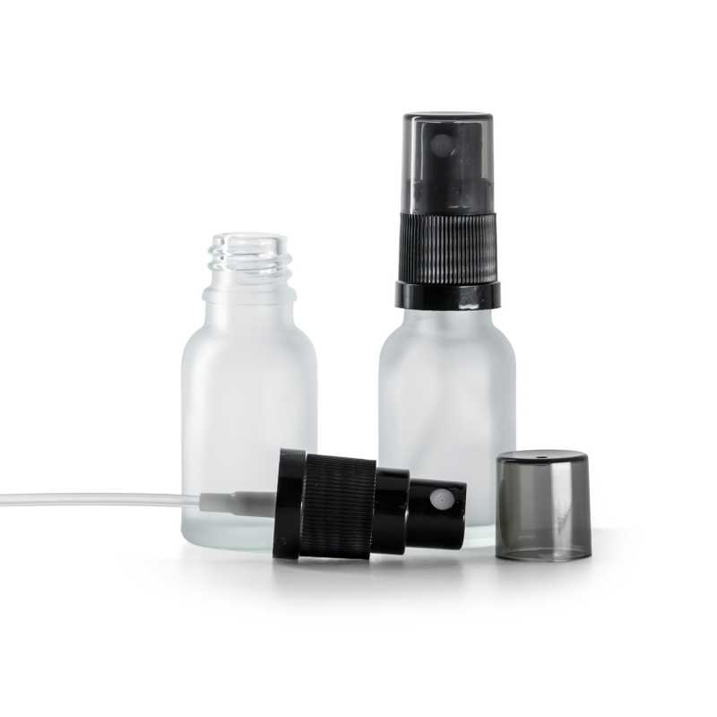 Frasco de vidrio transparente esmerilado, pulverizador de bruma fina negro, sobretapa ahumada, 15 ml