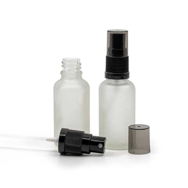 Frasco de vidrio transparente esmerilado, pulverizador negro de bruma fina con sobretapa ahumada, 30 ml