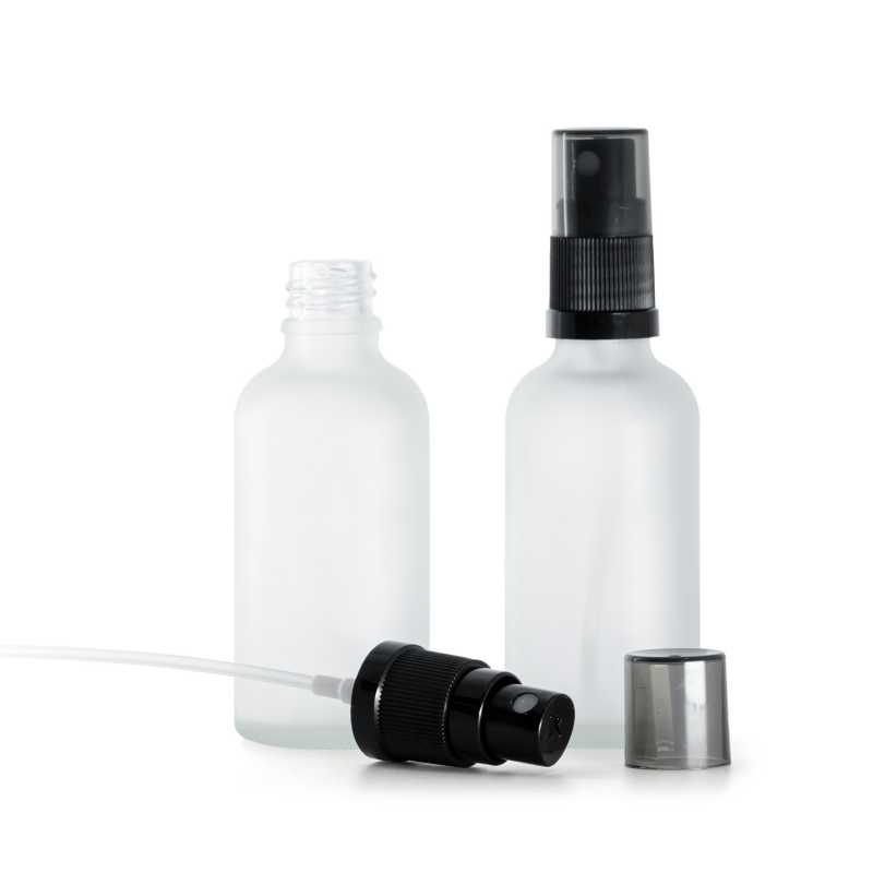 Frasco de vidrio esmerilado transparente con pulverizador negro y sobretapa ahumada, 50 ml