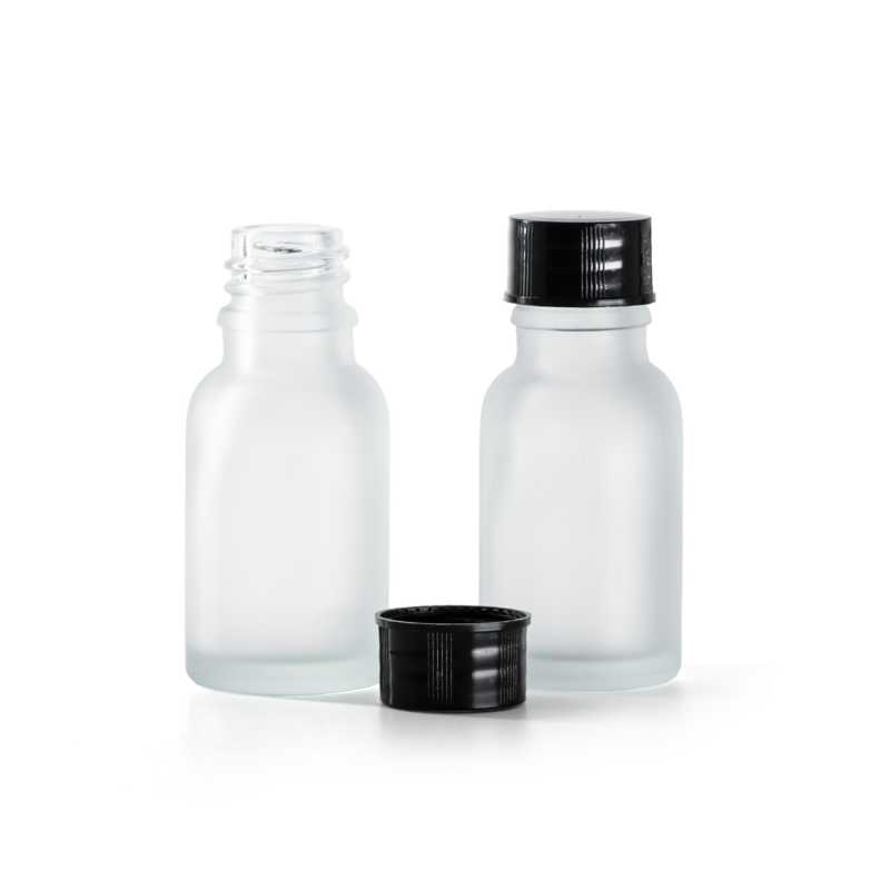 Botella de vidrio esmerilado transparente, tapón negro, 15 ml