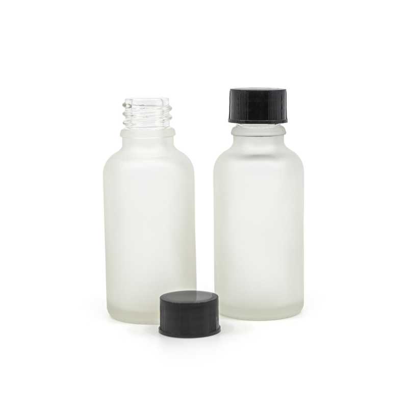 Botella de vidrio esmerilado transparente, tapón negro, 30 ml