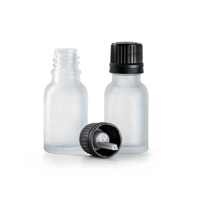 Frasco de vidrio transparente esmerilado, tapón negro con cuentagotas, 15 ml