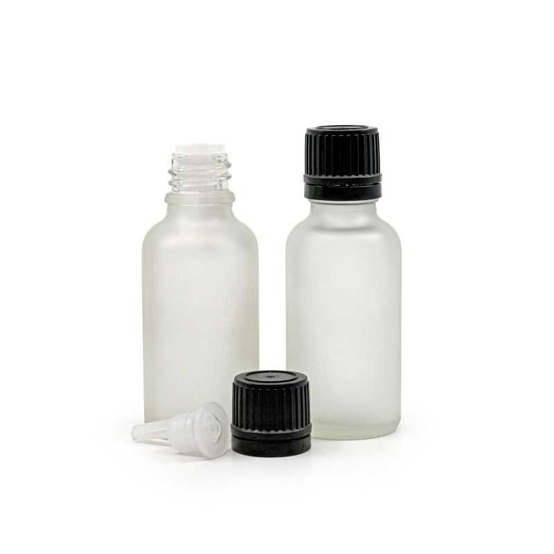 Frasco de vidrio transparente mate, tapón negro con cuentagotas, 30 ml