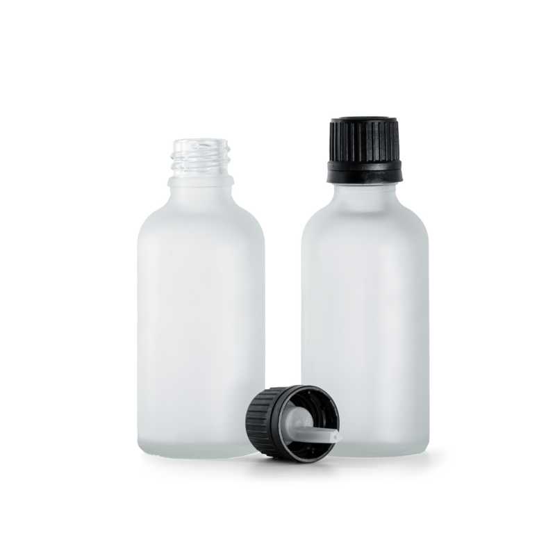 Frasco de vidrio transparente esmerilado, tapón negro con cuentagotas, 50 ml