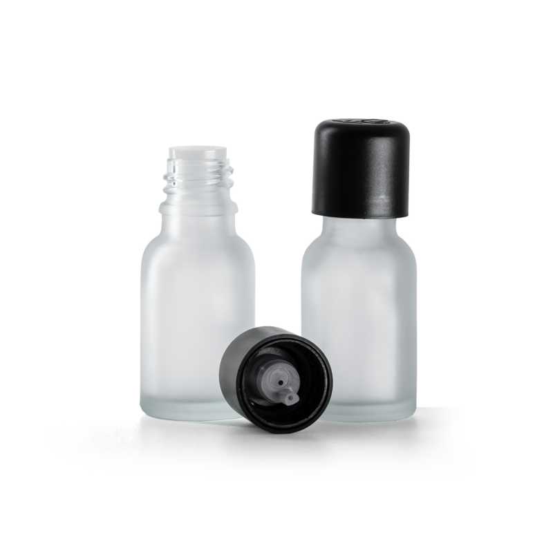 Botella de vidrio esmerilado, tapón de seguridad negro con cuentagotas, 15 ml