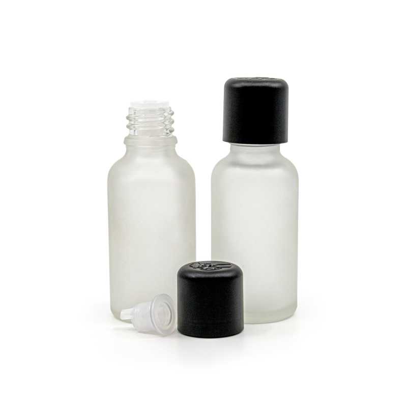 Botella de vidrio esmerilado transparente, tapón de seguridad inviolable negro con cuentagotas, 30 ml