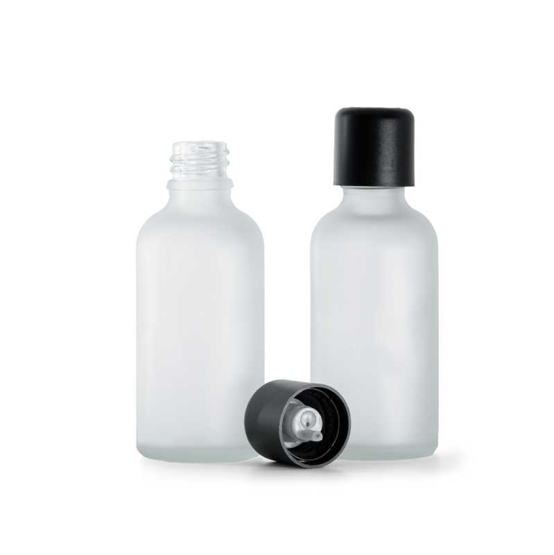 Botella de vidrio esmerilado transparente, tapón de seguridad inviolable negro con cuentagotas, 50 ml