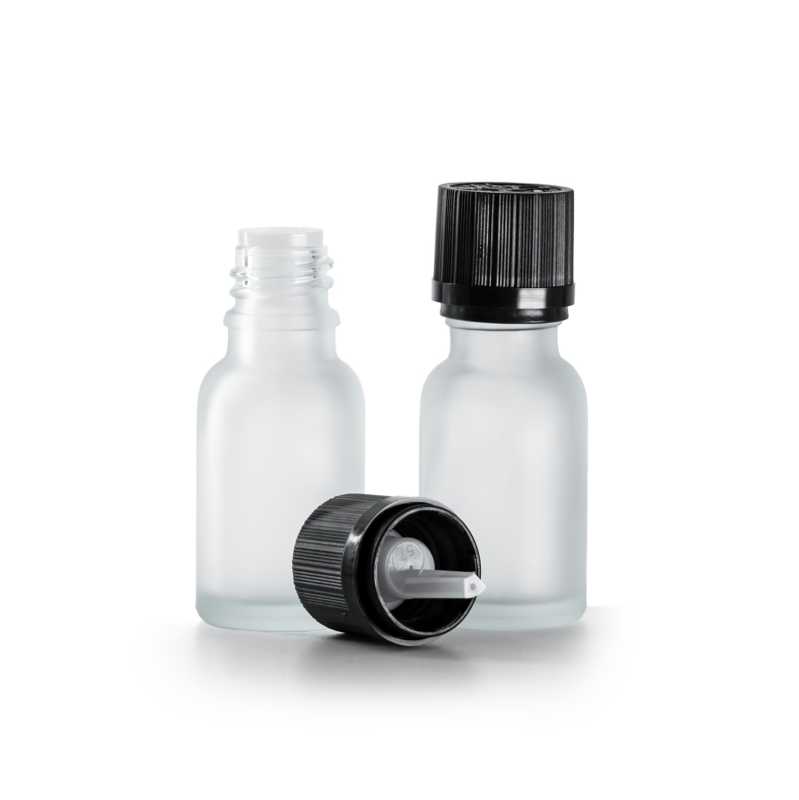 Botella de vidrio esmerilado transparente, cuentagotas con tapón de seguridad negro, 15 ml