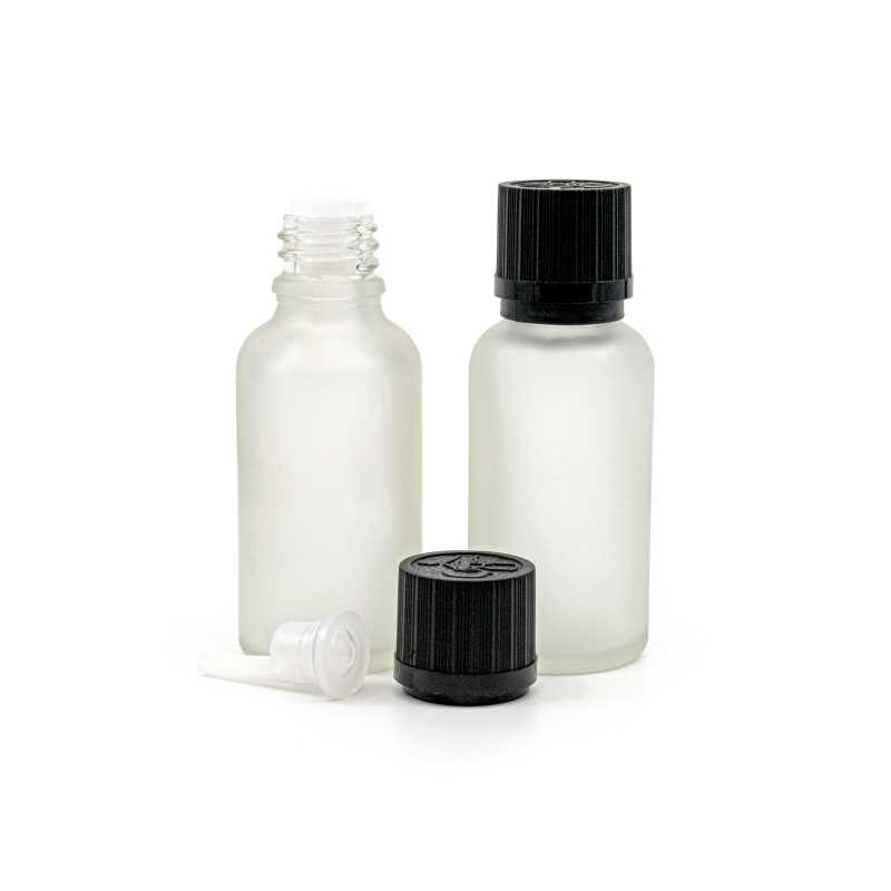 Frasco de vidrio esmerilado transparente, tapón de seguridad negro con cuentagotas, 30 ml