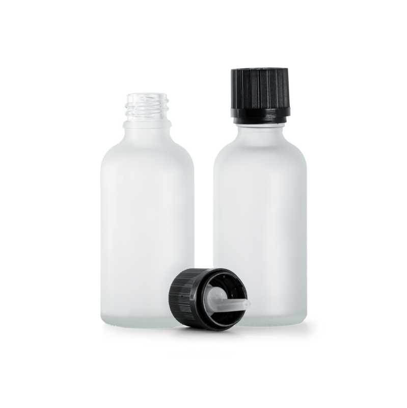 Botella de vidrio esmerilado transparente, cuentagotas con tapón de seguridad negro, 50 ml