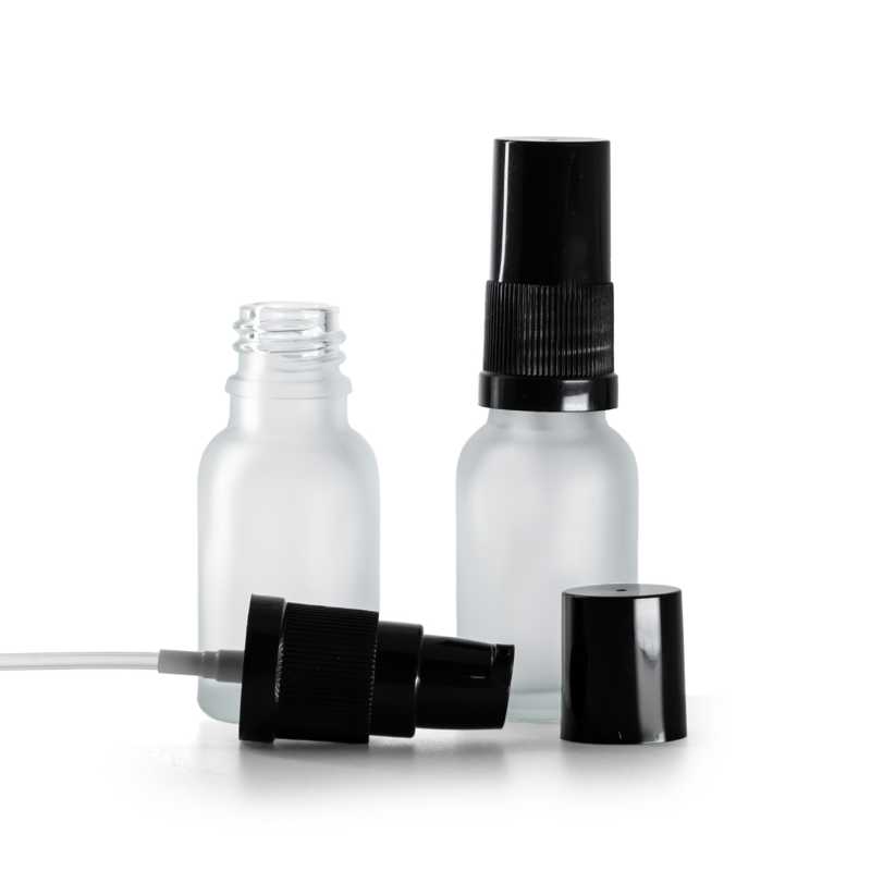 Envase de vidrio esmerilado transparente, dispensador de loción negro con tapa negra, 15 ml