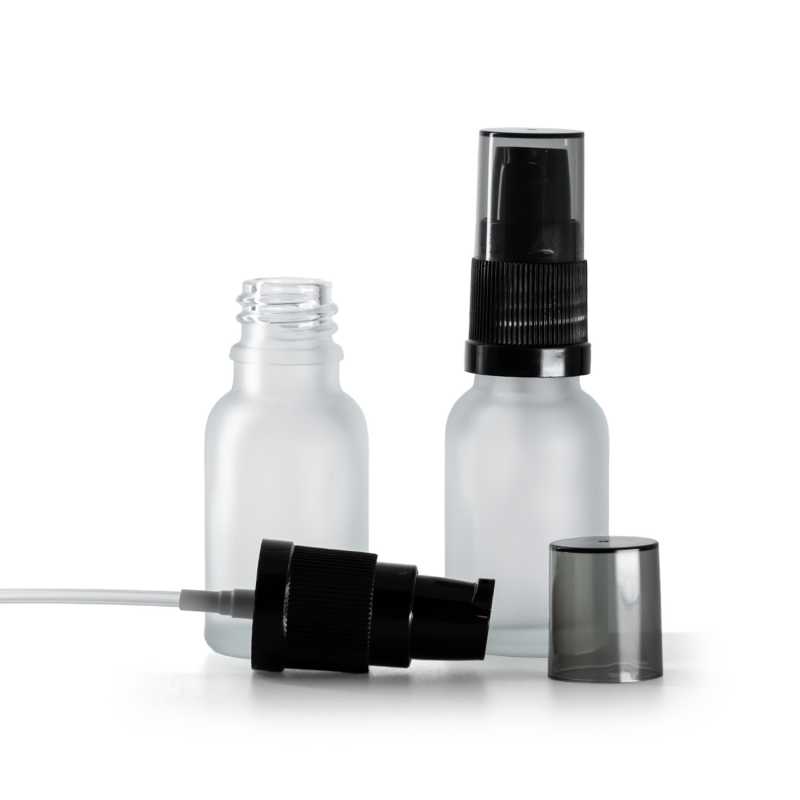 Frasco de vidrio transparente esmerilado, bomba para loción con sobretapa ahumada, 15 ml