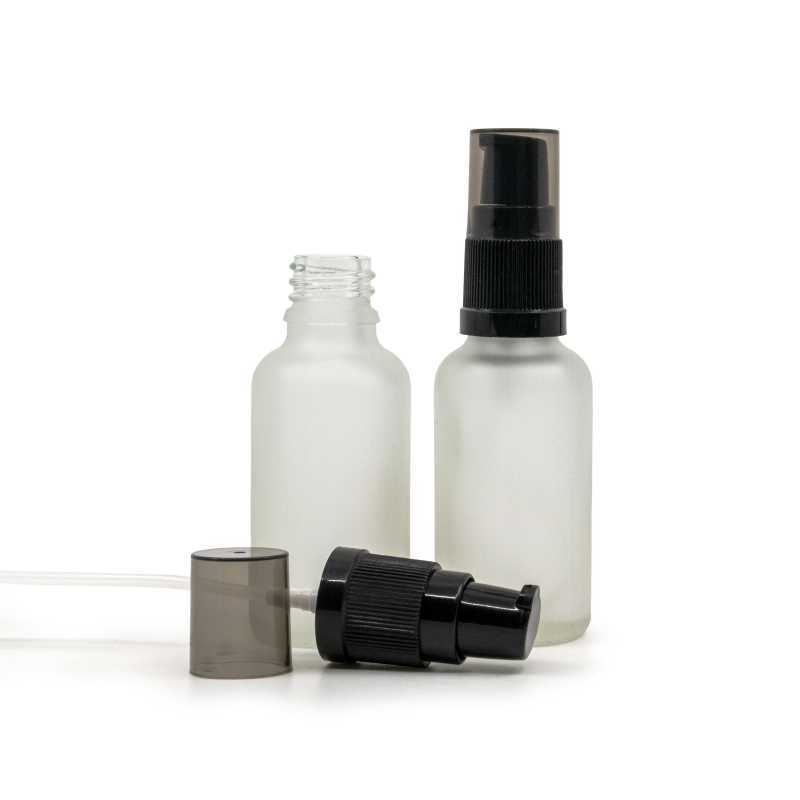 Frasco de vidrio transparente esmerilado, bomba para loción con sobretapa ahumada, 30 ml