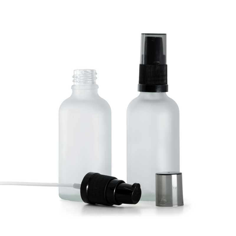 Frasco de vidrio transparente mate, dispensador de crema con sobretapa ahumada, 50 ml