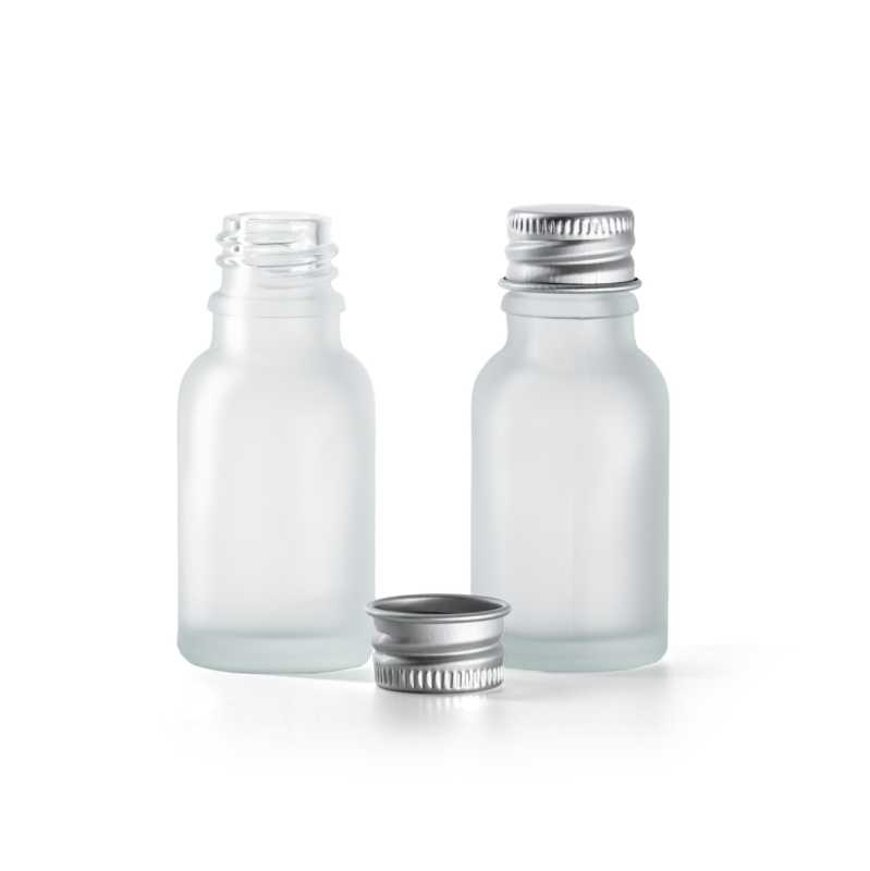 Botella de vidrio, mate, tapón de aluminio plateado, 15 ml