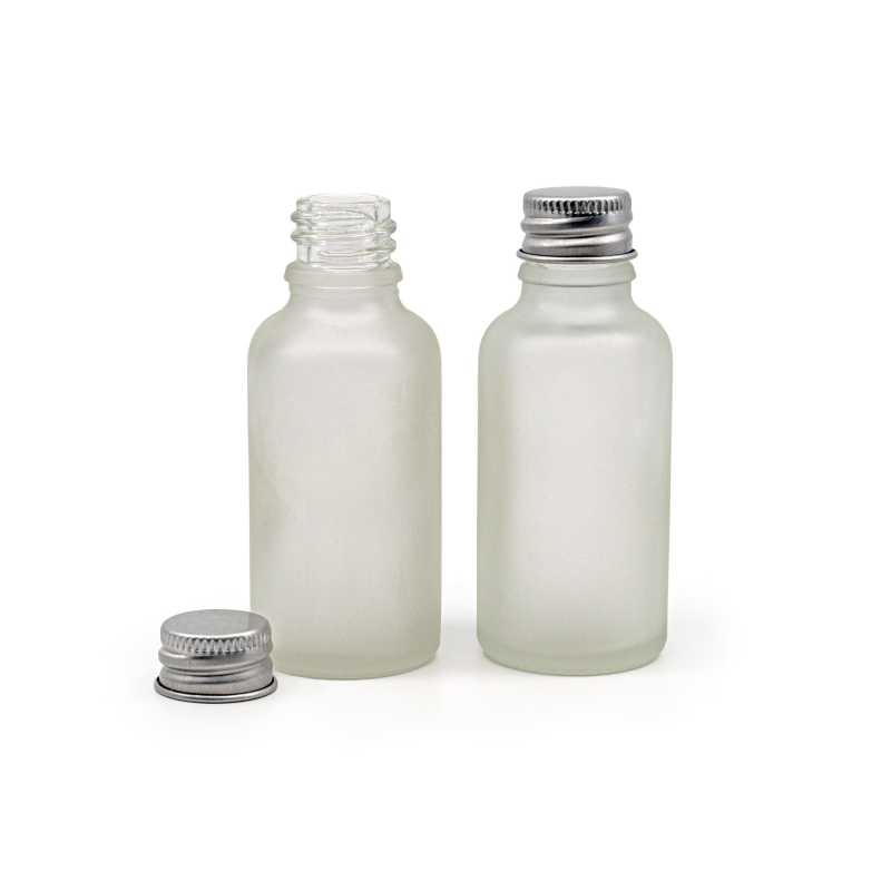 Botella de vidrio, esmerilada transparente, tapón de aluminio, 30 ml