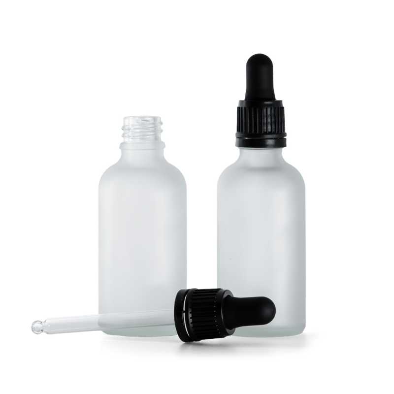 Botella de vidrio, esmerilada transparente, cuentagotas inviolable negro, 50 ml