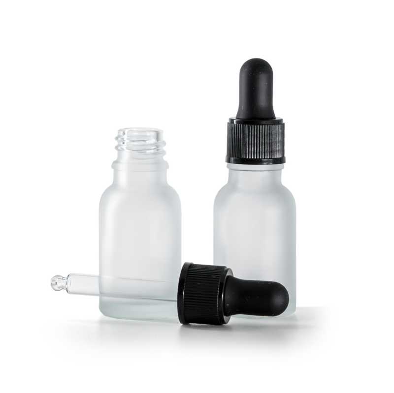 Botella de vidrio, transparente, esmerilada, cuentagotas negro mate, 15 ml