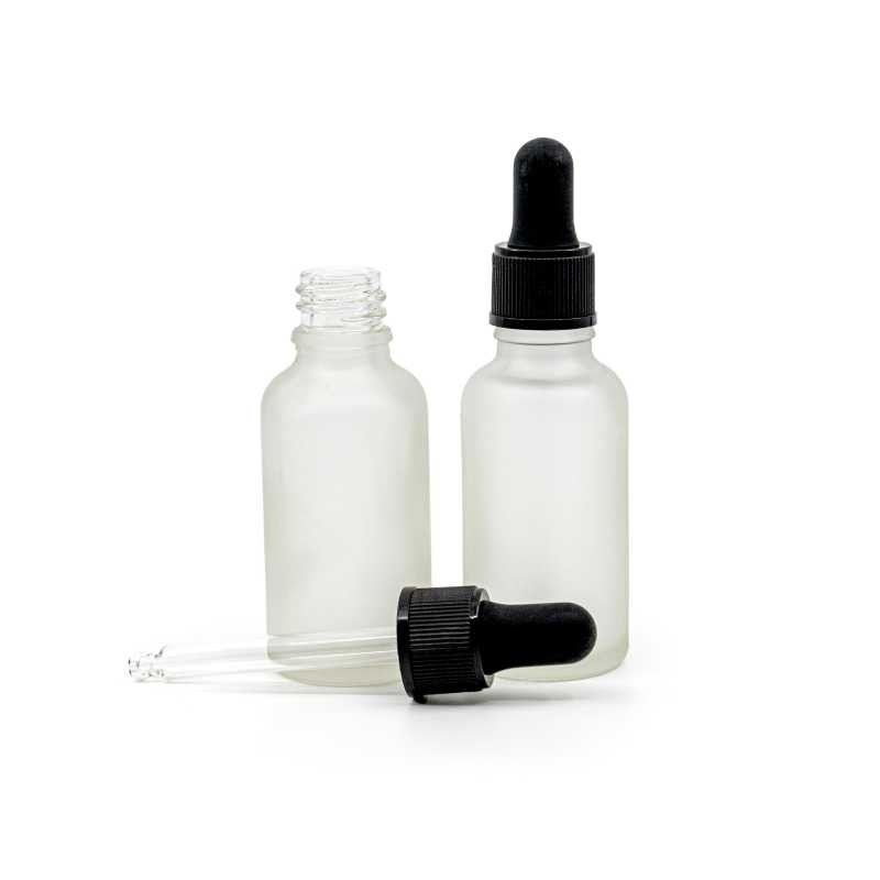Frasco de vidrio, esmerilado transparente, gotero negro mate, 30 ml