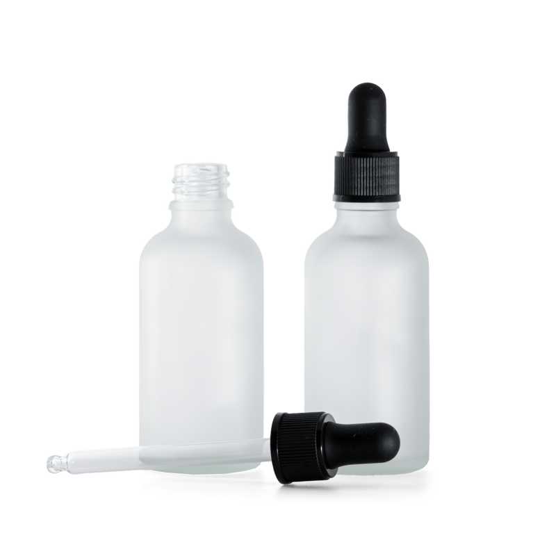 Botella de vidrio esmerilado transparente, cuentagotas negro mate, 50 ml