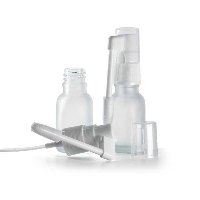 Botella de vidrio esmerilado transparente, pulverizador bucal blanco, 15 ml