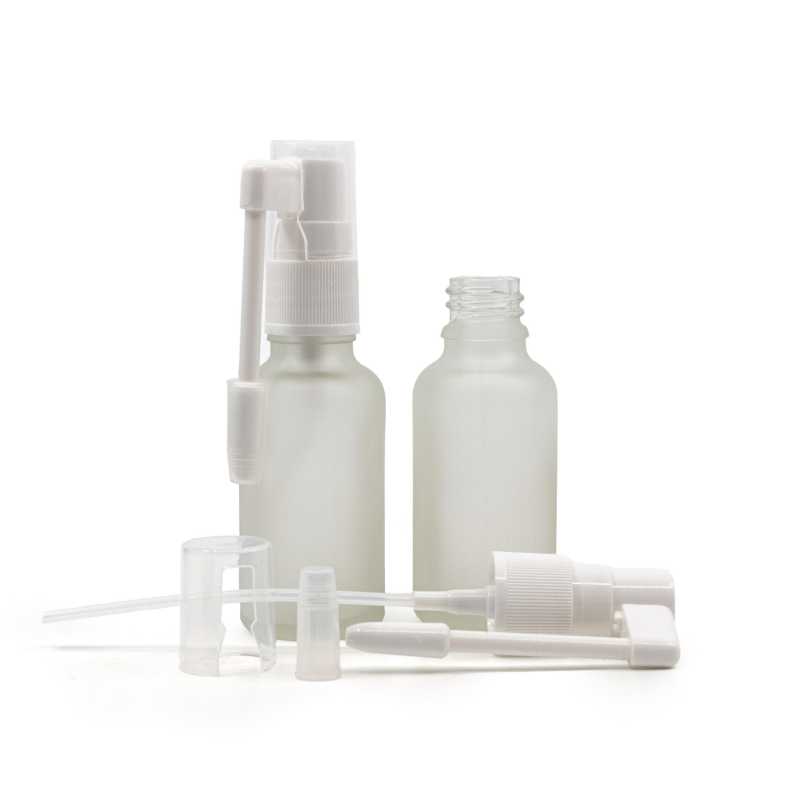 Botella de vidrio esmerilado transparente, pulverizador oral blanco, 30 ml