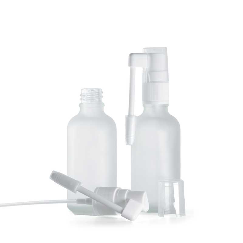 Botella de vidrio mate transparente, pulverizador bucal blanco, 50 ml