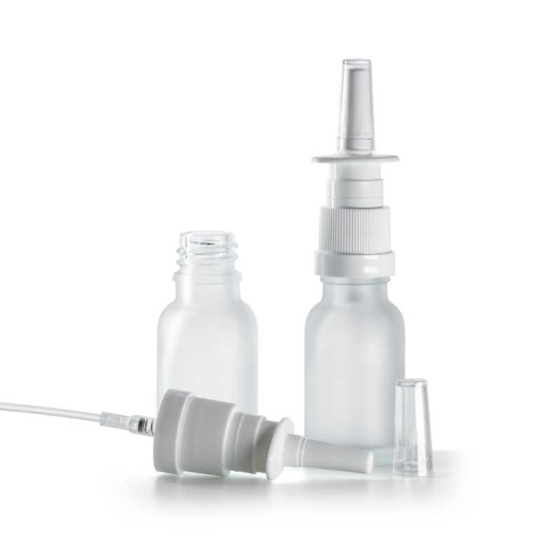 Botella de vidrio esmerilado transparente, pulverizador nasal blanco, 15 ml