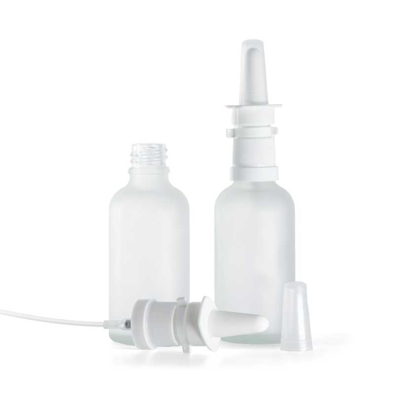 Botella de vidrio esmerilado, transparente, pulverizador nasal blanco, 50 ml