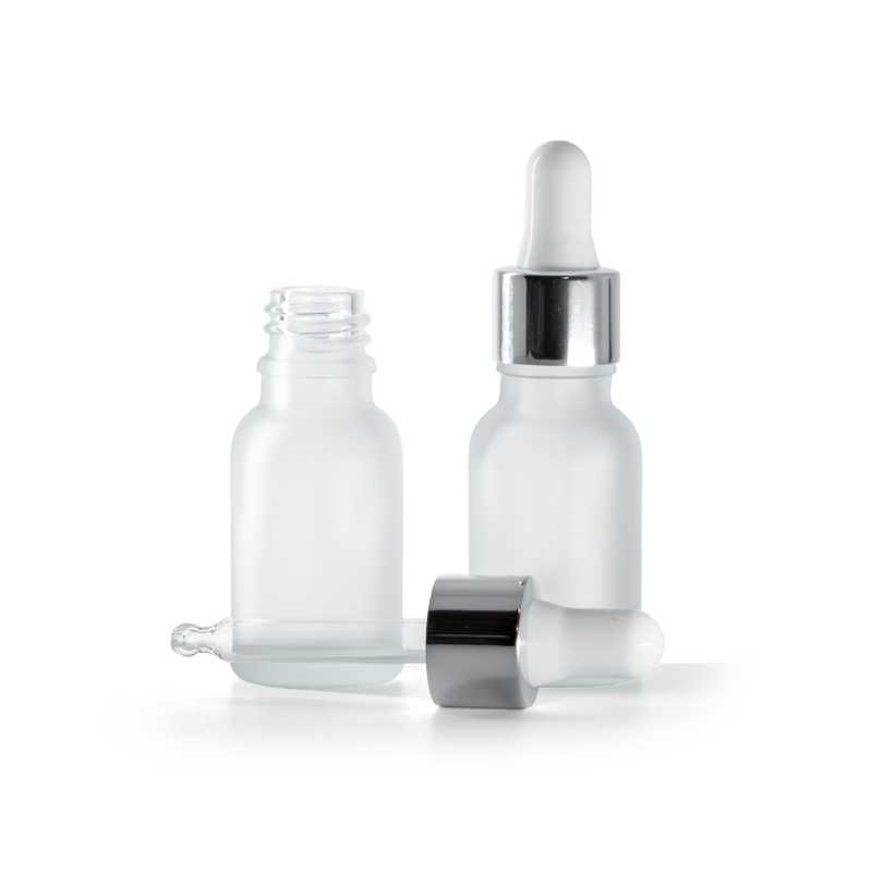 Botella de vidrio esmerilado transparente, cuentagotas blanco plateado brillante, 15 ml