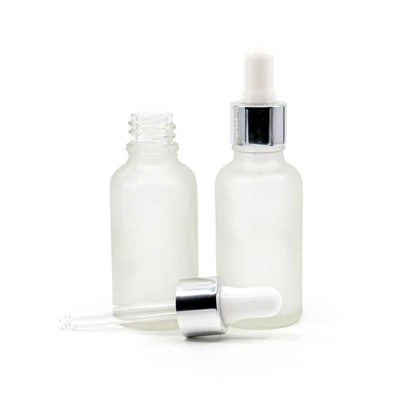 Botella de vidrio esmerilado transparente, cuentagotas plateado, 30 ml
