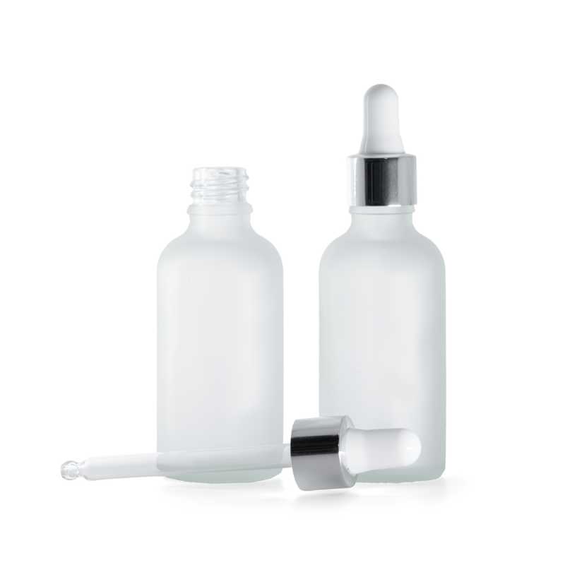 Frasco de vidrio esmerilado transparente, cuentagotas plateado brillante, 50 ml