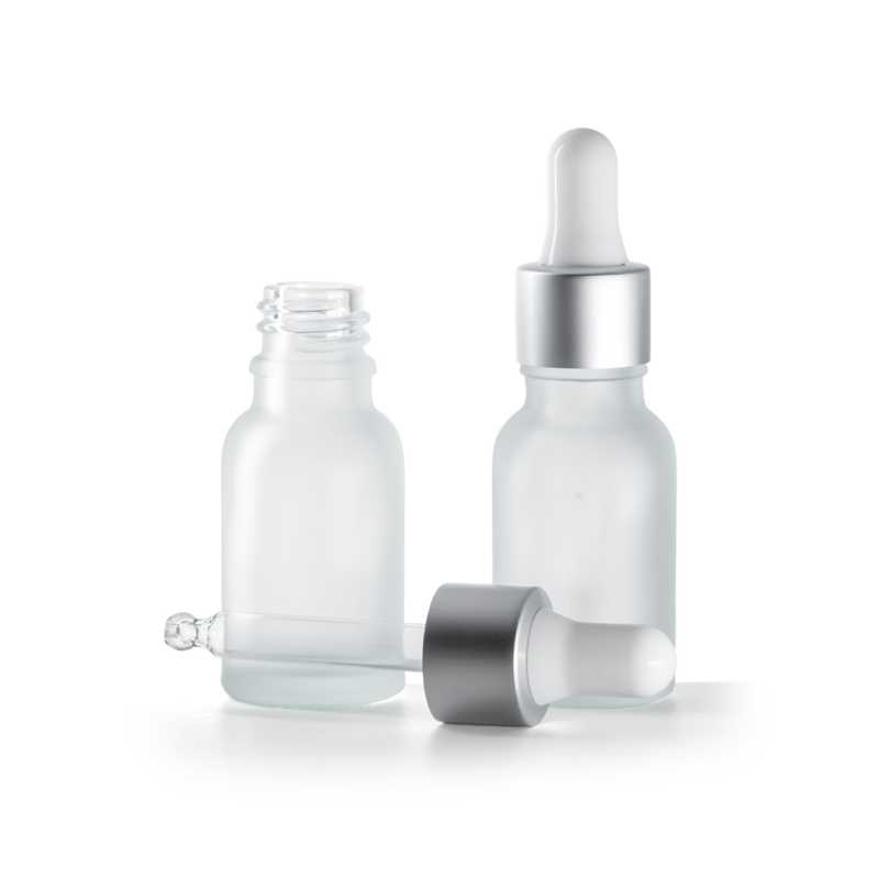 Botella de vidrio esmerilado transparente, cuentagotas blanco plata mate, 15 ml