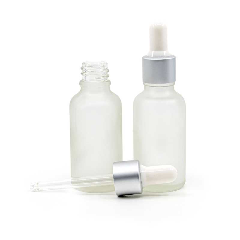 Botella de vidrio esmerilado transparente, cuentagotas blanco plateado mate, 30 ml
