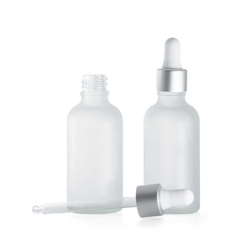 Frasco de vidrio esmerilado transparente, cuentagotas blanco plateado mate, 50 ml