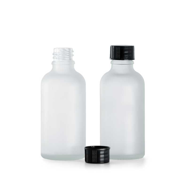 Botella de vidrio esmerilado transparente, tapón negro, 50 ml