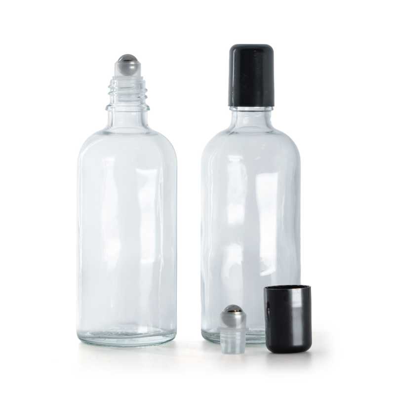Botella de vidrio, transparente, roll-on, 100 ml