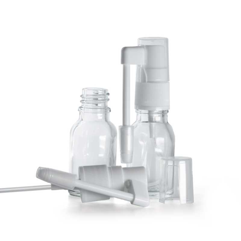 Botella de vidrio, transparente, pulverizador oral, 15 ml
