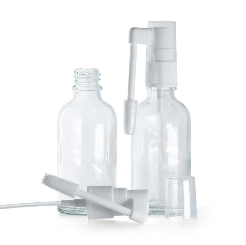 Botella de vidrio, transparente, pulverizador oral, 30 ml