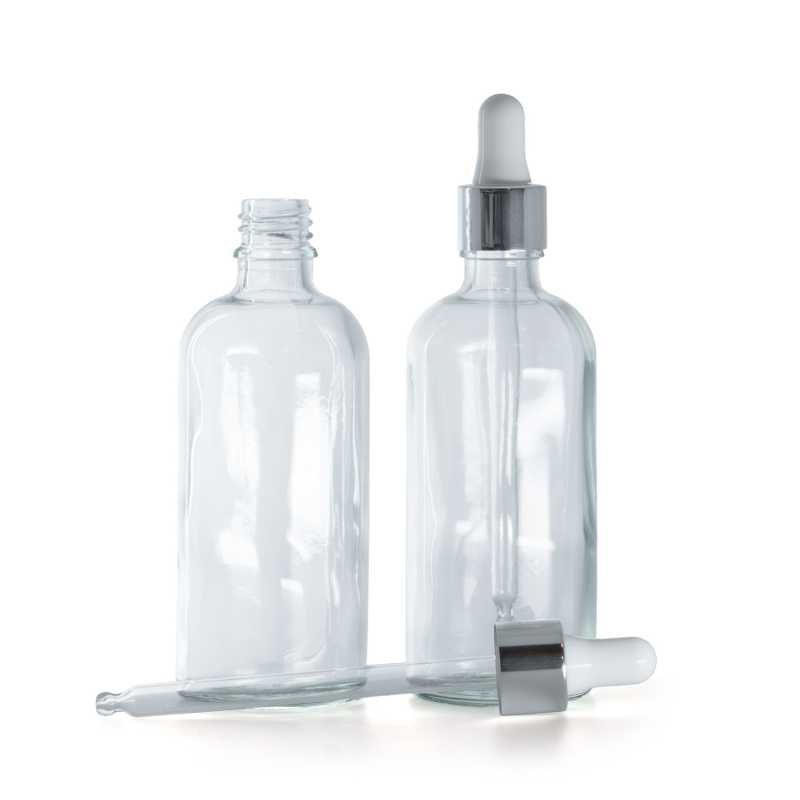 Frasco de vidrio, transparente, cuentagotas plateado, 100 ml