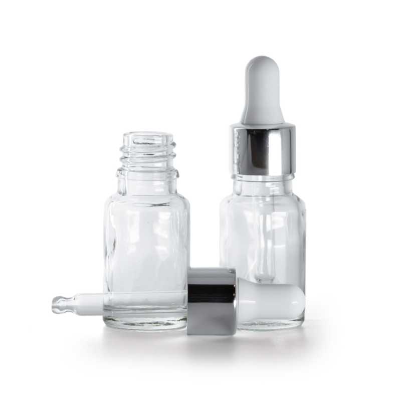 Frasco de vidrio, transparente, cuentagotas plateado, 10 ml