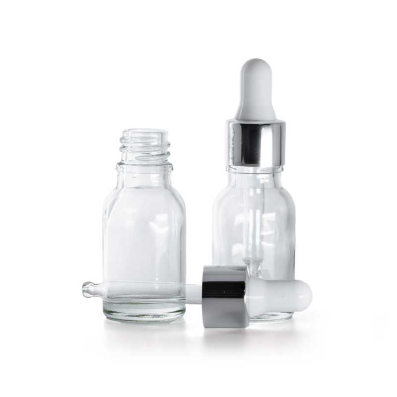Frasco de vidrio, transparente, cuentagotas plateado brillante, 15 ml