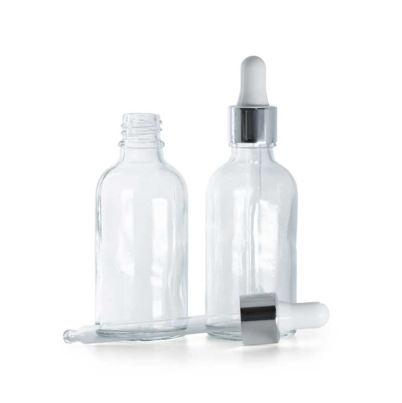 Frasco de vidrio, transparente, pipeta plateada, 30 ml