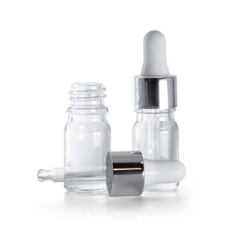 Botella de vidrio, transparente, cuentagotas plateado, 5 ml