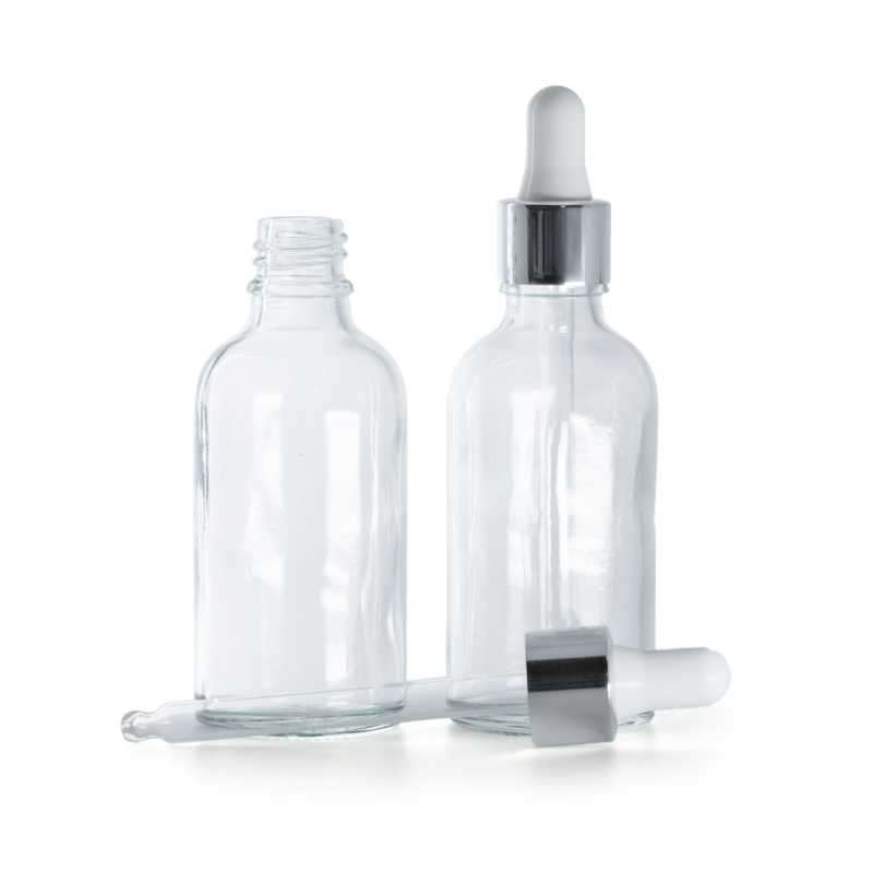 Botella de vidrio, transparente, cuentagotas plateado, 50 ml