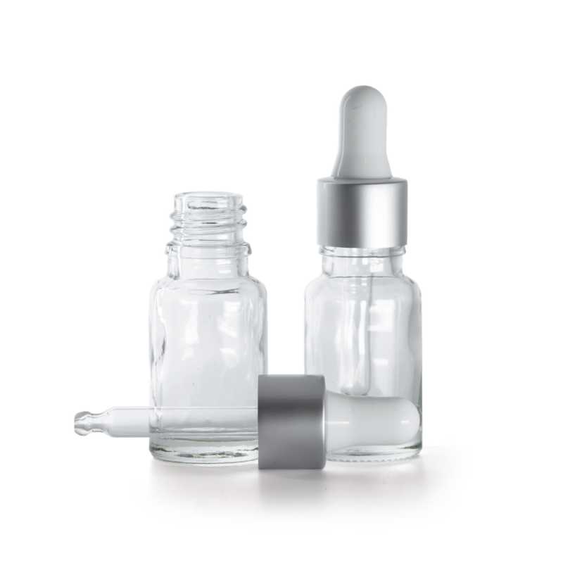 Frasco de vidrio, transparente, cuentagotas blanco plata mate, 10 ml