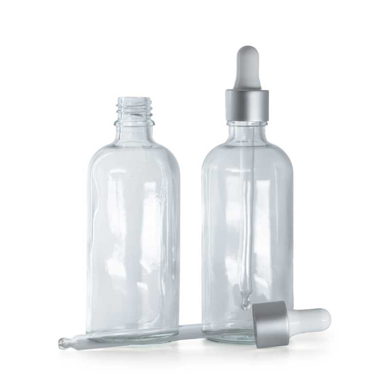 Frasco de vidrio, transparente, cuentagotas plateado mate, 100 ml